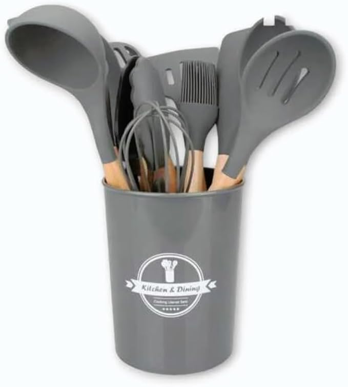 Kit Utensílios de Cozinha 12Pçs - Silicone e Cabo de Madeira