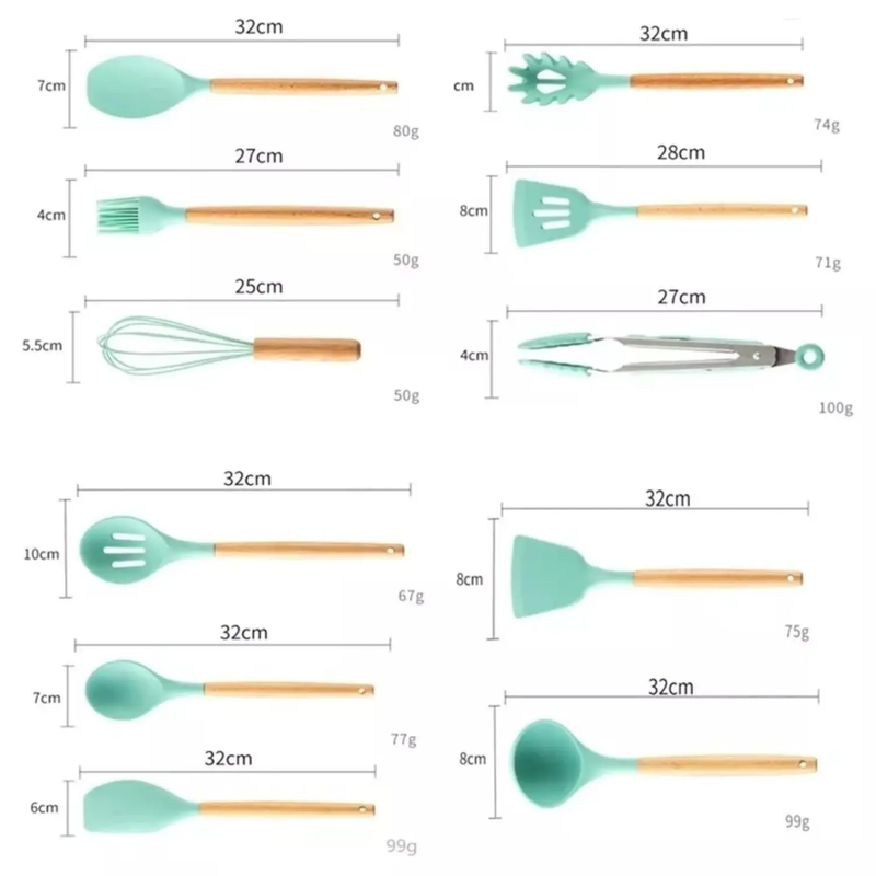 Kit Utensílios de Cozinha 12Pçs - Silicone e Cabo de Madeira