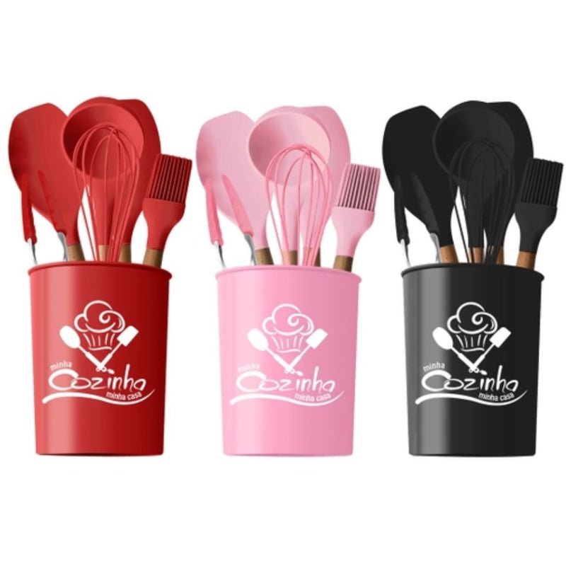 Kit Utensílios de Cozinha 12Pçs - Silicone e Cabo de Madeira